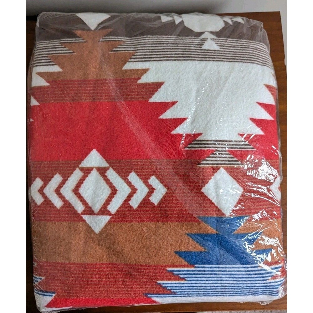 Vtg Pillowtex Blanket Twin Full Southwest Tribal Poly Acrylic Red Blue NOS USA